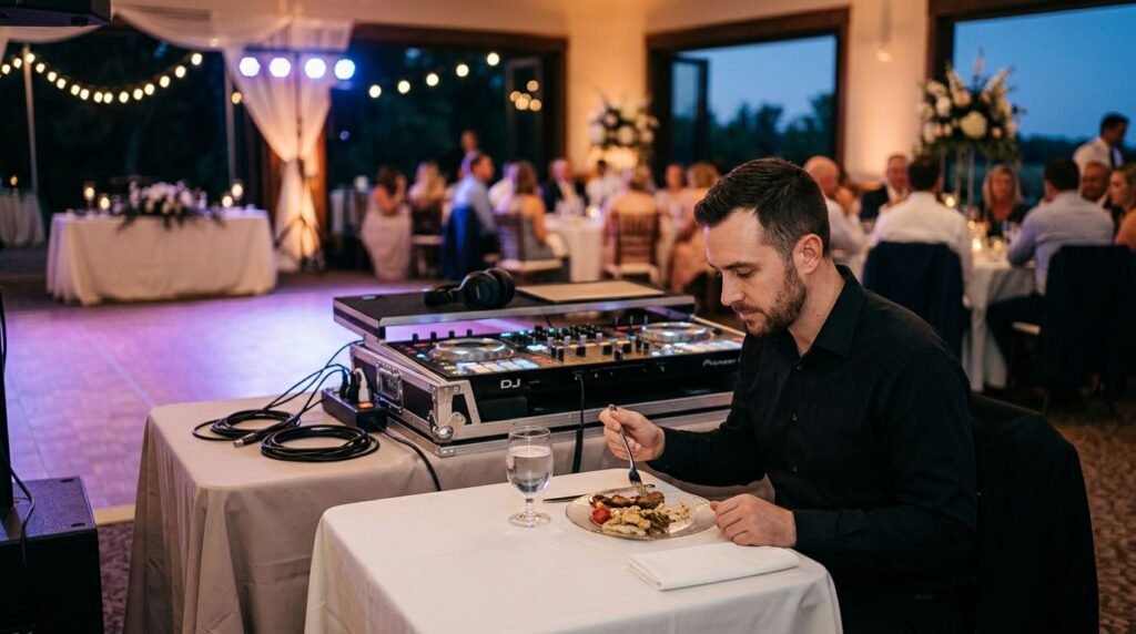 Wedding DJ eating dinner at a vendor table beside the reception dance floor.
