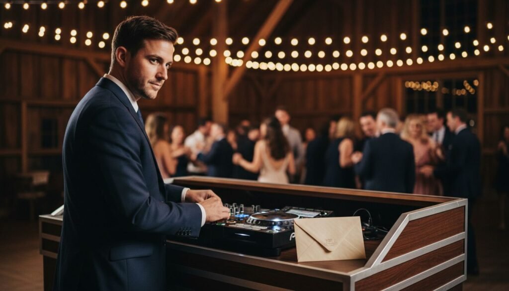 A wedding DJ adjusts a mixer beside a cream envelope as guests dance behind him.