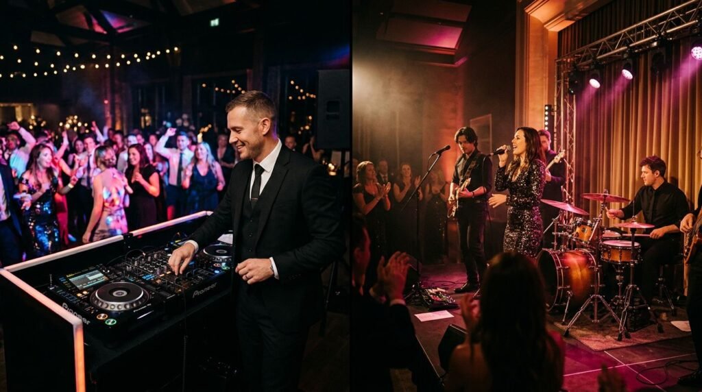 Wedding DJ vs Live Band: Find Your Reception Sound A wedding DJ and live band perform in a warmly lit reception venue.