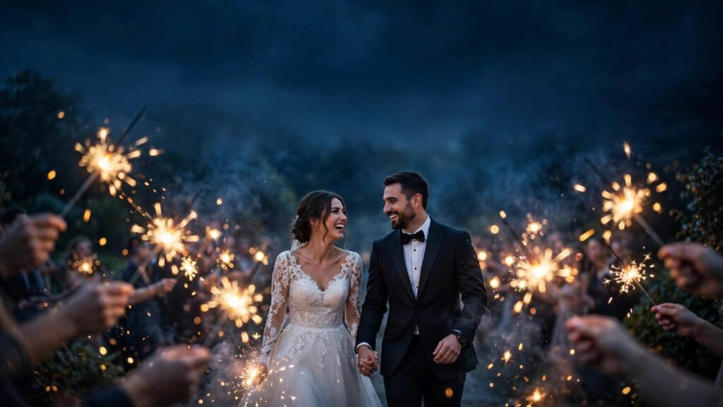 Newlyweds walk through a tunnel of glowing sparklers at dusk.