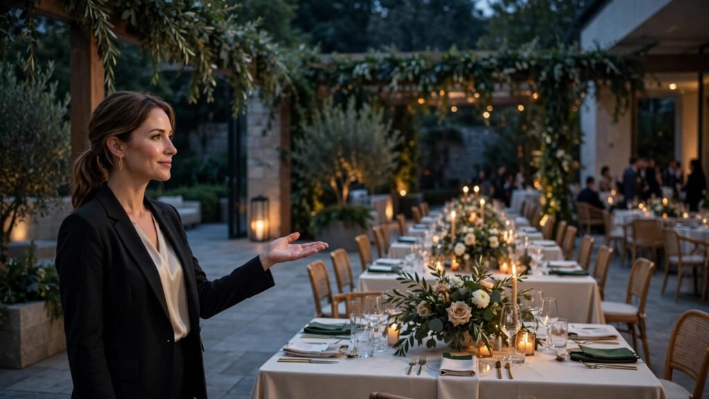 A wedding coordinator welcomes guests near candlelit tables and floral centerpieces.