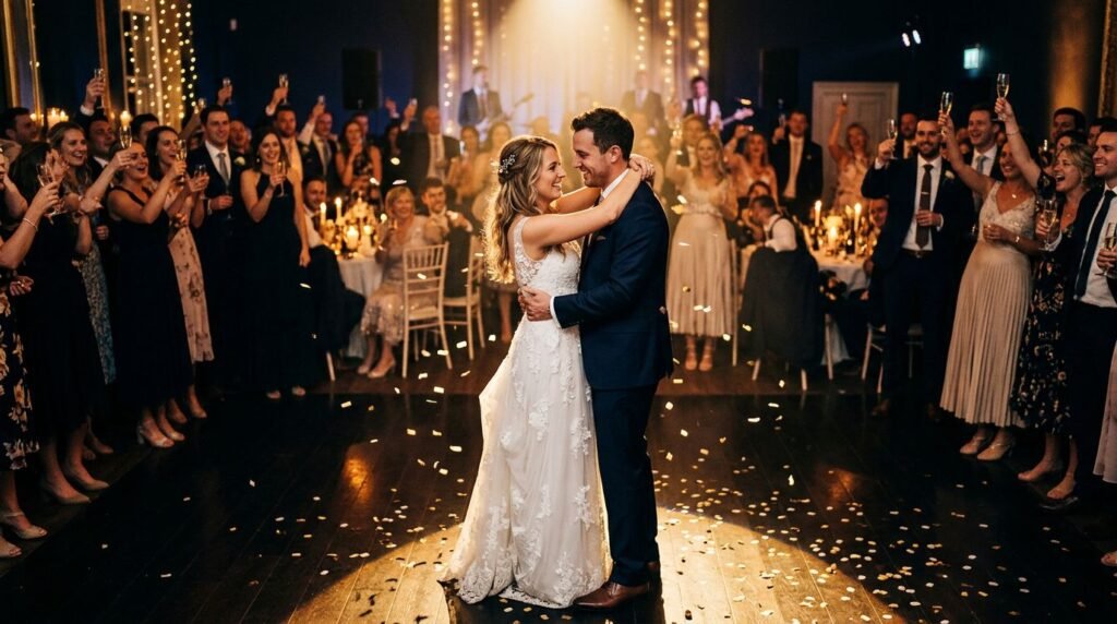 Newlyweds slow-dancing beneath a golden spotlight as guests raise glasses behind them.