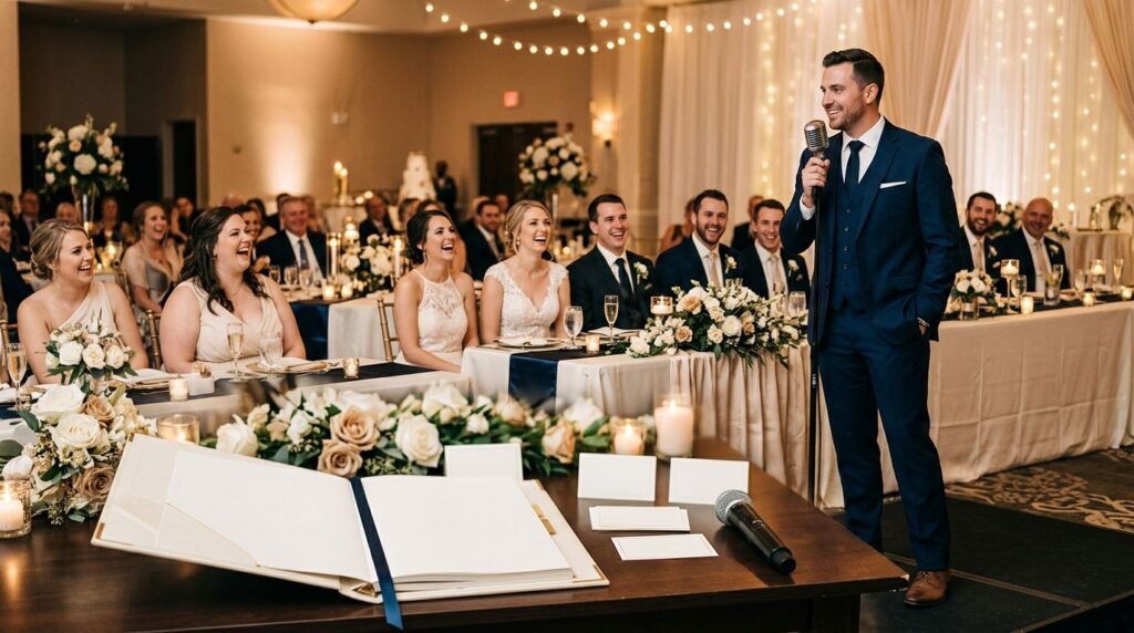An officiant addresses a wedding party beside a binder and place cards.
