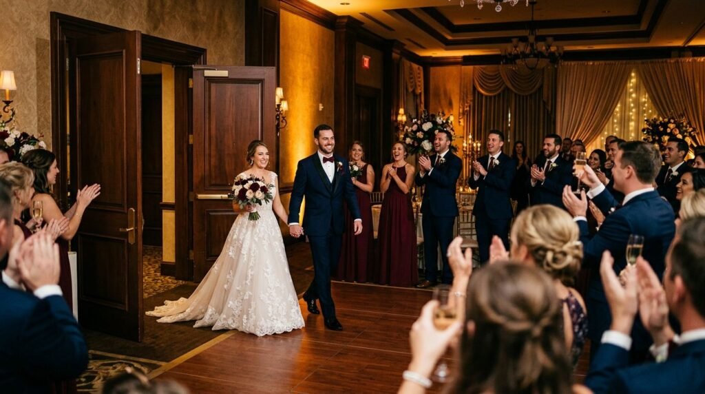 Newlyweds enter a ballroom as their wedding party follows and guests applaud.