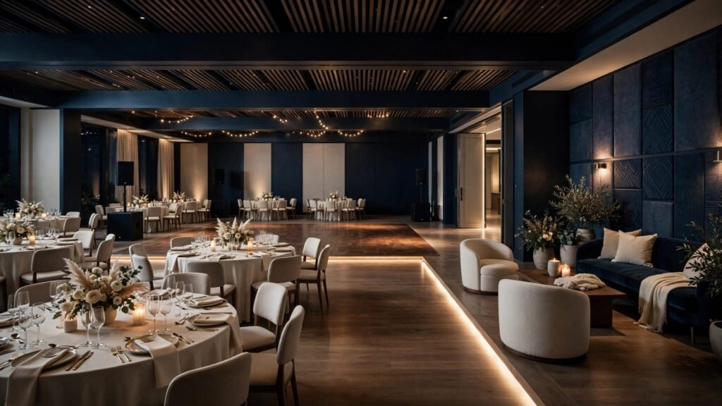 Wedding tables surround a softly lit dance floor with clear paths and a quiet seating area.