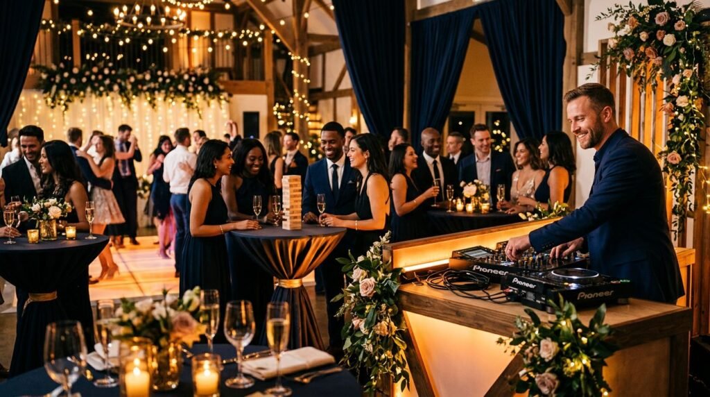 A DJ entertains wedding guests near cocktail tables, candles, and a glowing dance floor.