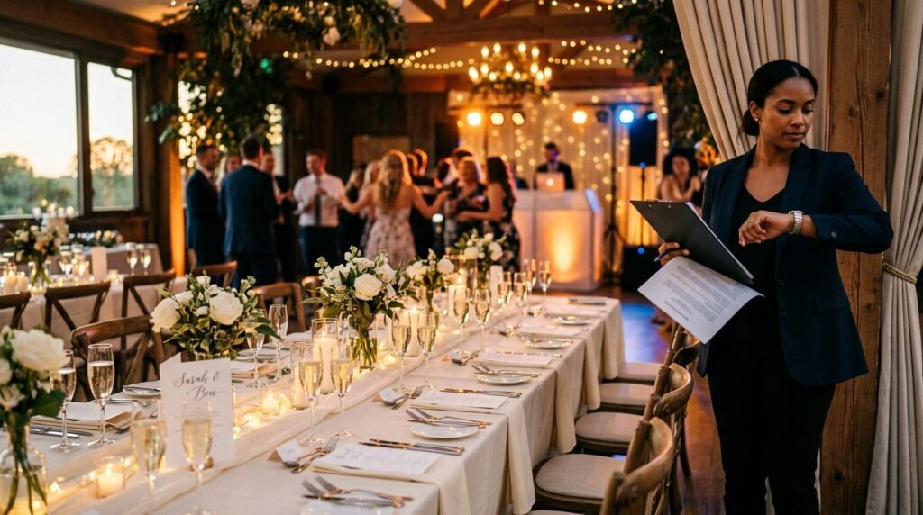 Wedding Reception Timeline Examples With Music Cues A wedding coordinator checks a watch beside a decorated reception table and illuminated dance floor.