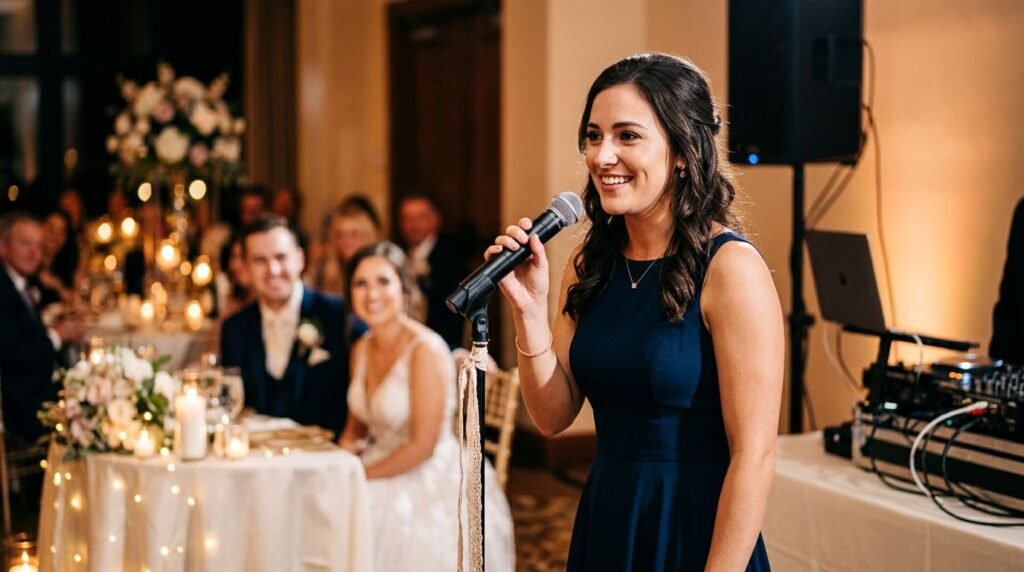 A speaker gives a wedding toast while newlyweds and guests blur in the background.