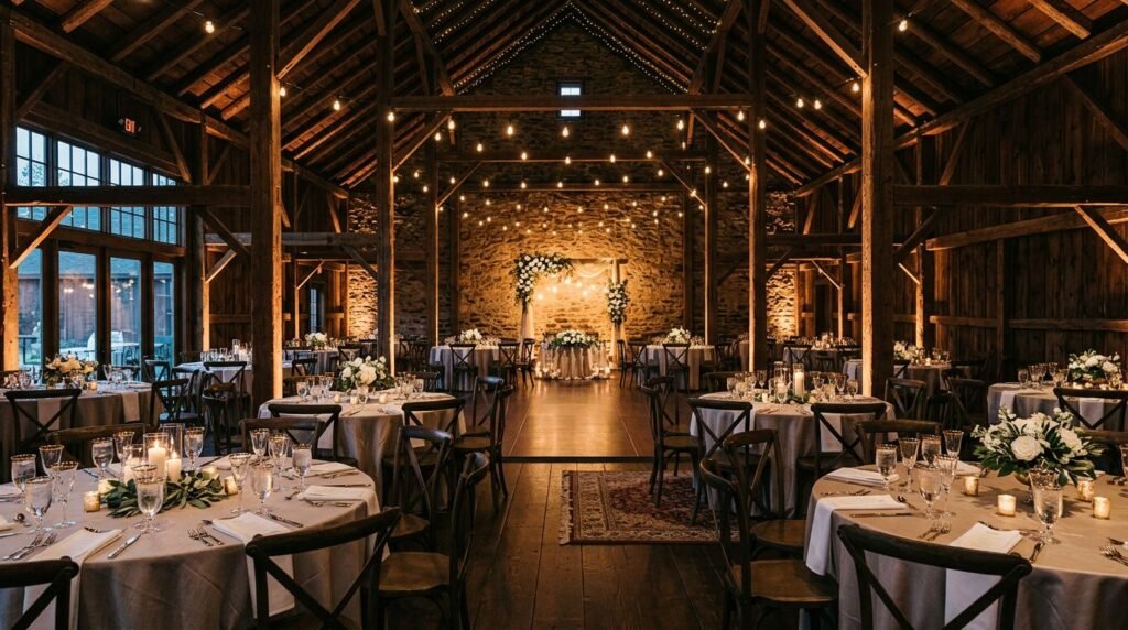 Wedding Uplighting Ideas for New Hampshire Receptions A warmly lit barn reception with decorated tables, stone walls, and a polished dance floor.