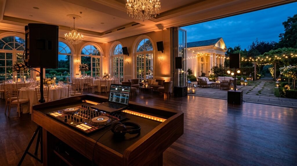 Wedding Venue Music Planning for Every Room and Moment DJ console and speakers connect an elegant wedding venue’s ballroom, lounge, garden entrance, and patio.