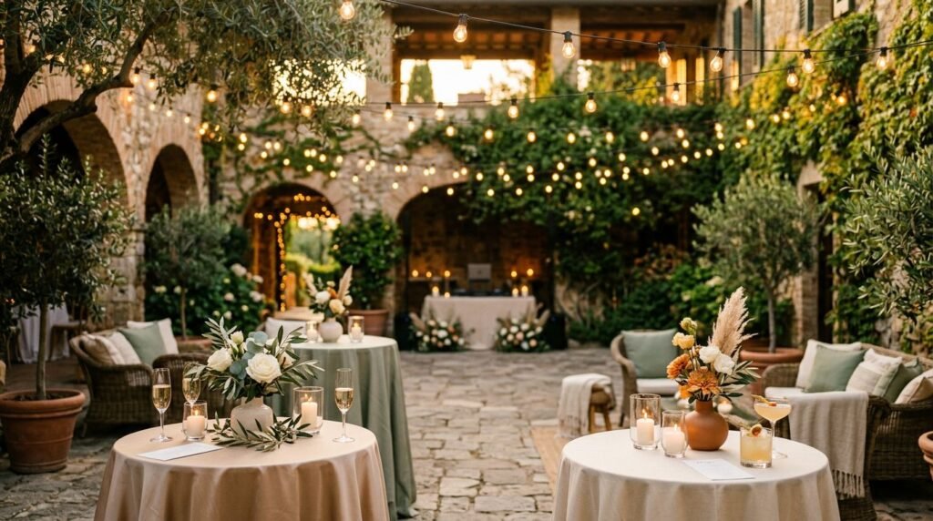 Outdoor wedding courtyard with string lights, floral tables, drinks, and a blurred DJ setup.