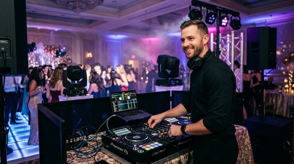 A prom DJ works at a mixing console in a colorful school ballroom.
