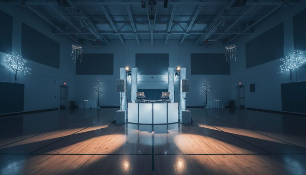 A DJ booth anchors an elegant school gym with blue and silver winter decorations.