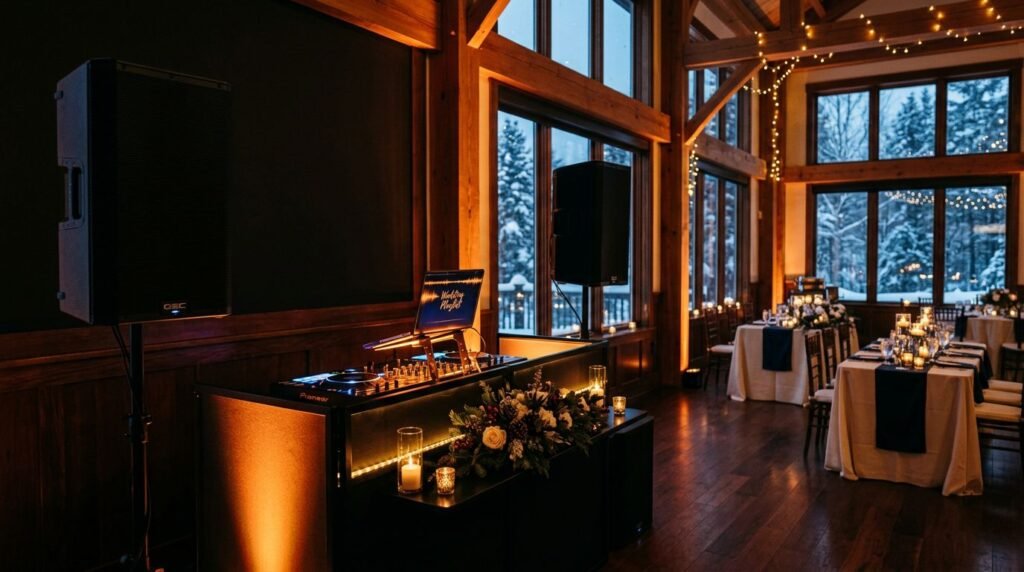 A glowing DJ booth stands in a warmly lit wedding venue with snowy trees outside.