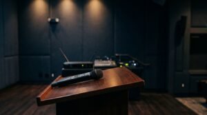 Wireless microphone on a polished lectern with audio equipment behind it.