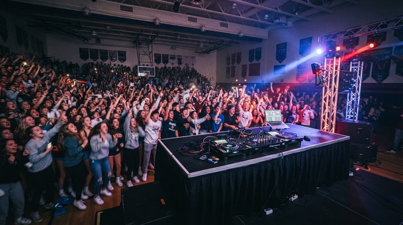 A DJ console sits alone on a lit stage as students cheer across the gym.