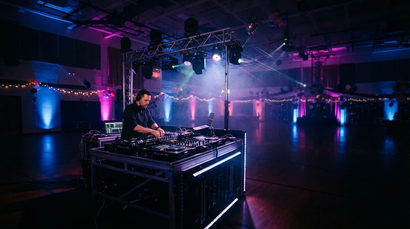 A DJ beside a mixing console and speakers in a colorful school gym.