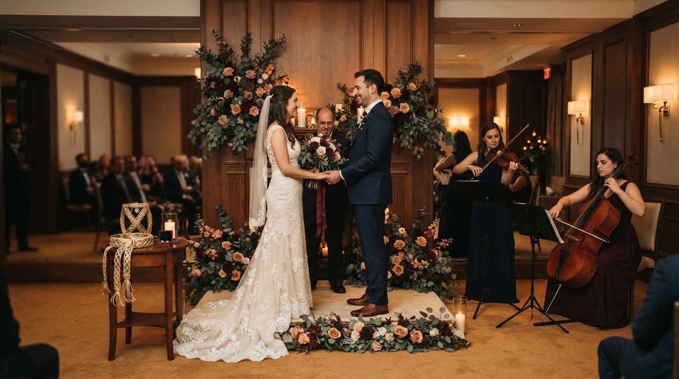 A couple stands at the altar with a violinist, cellist, flowers, lazo, and arras nearby.