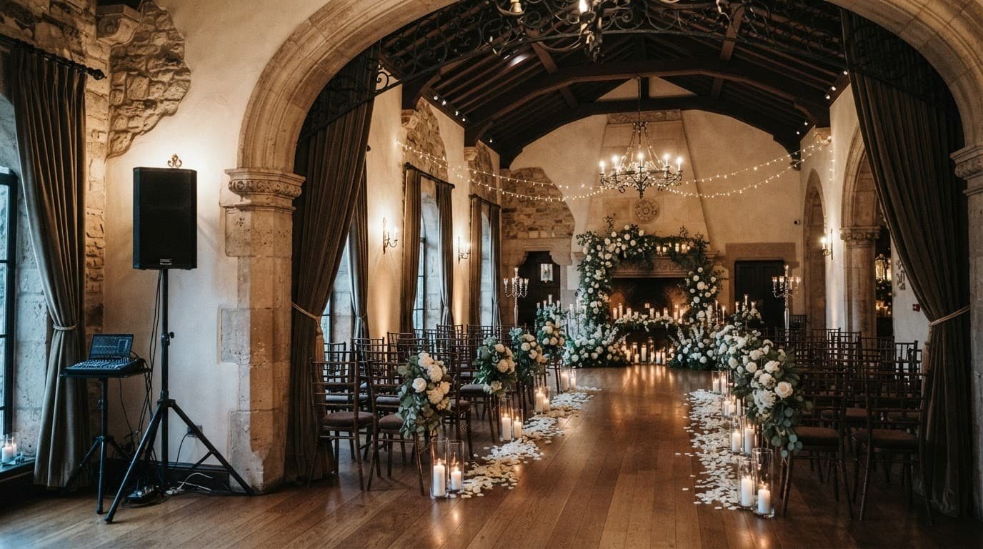 Wedding ceremony setup with white flowers and one speaker in a historic venue.