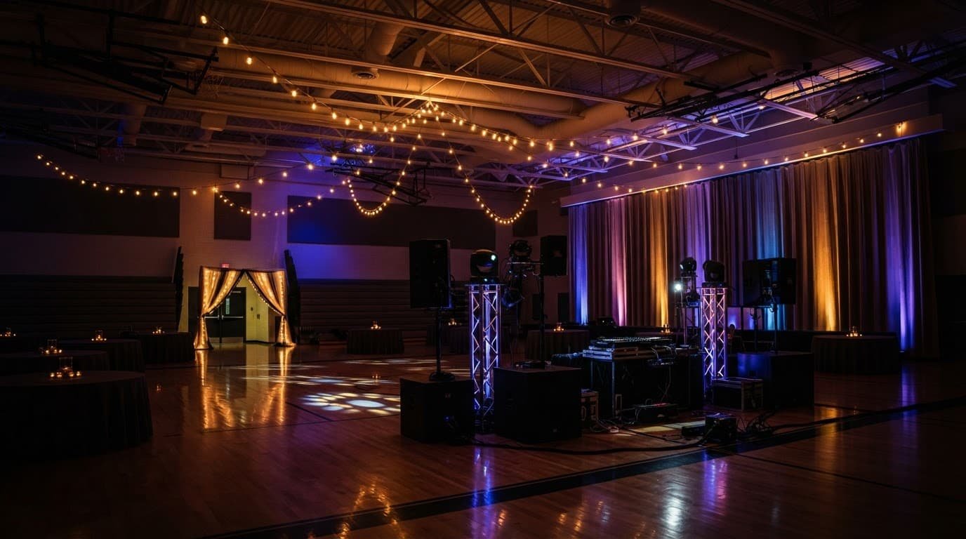 An empty gym decorated with string lights, colorful uplighting, and sound equipment for a dance.