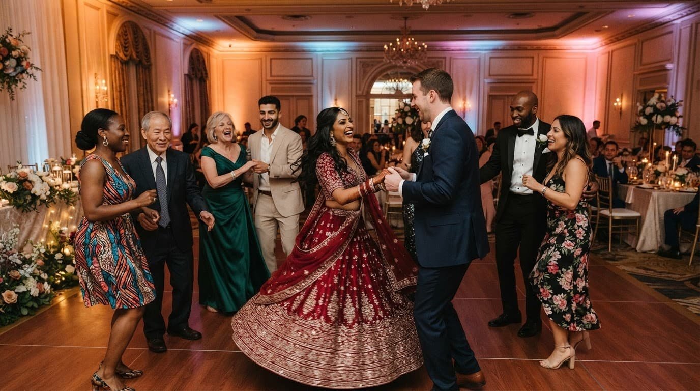 Eight wedding guests dance around a central couple in a warmly lit ballroom.
