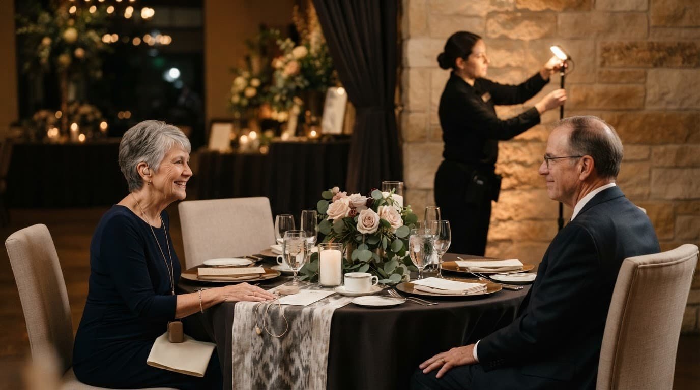 Two guests sit at a wedding table while a professional adjusts a small light behind them.