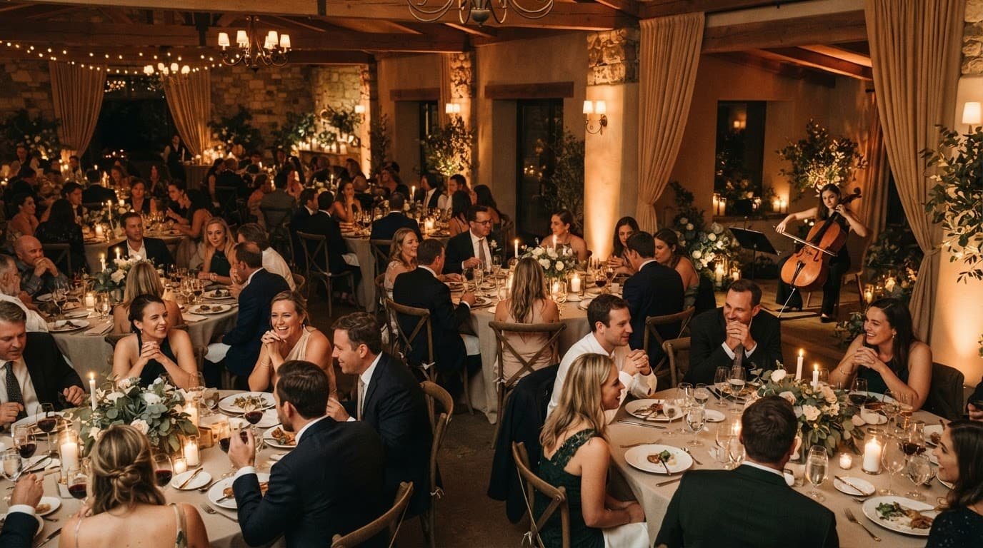 Wedding guests dine by candlelight while one musician plays softly in the background.