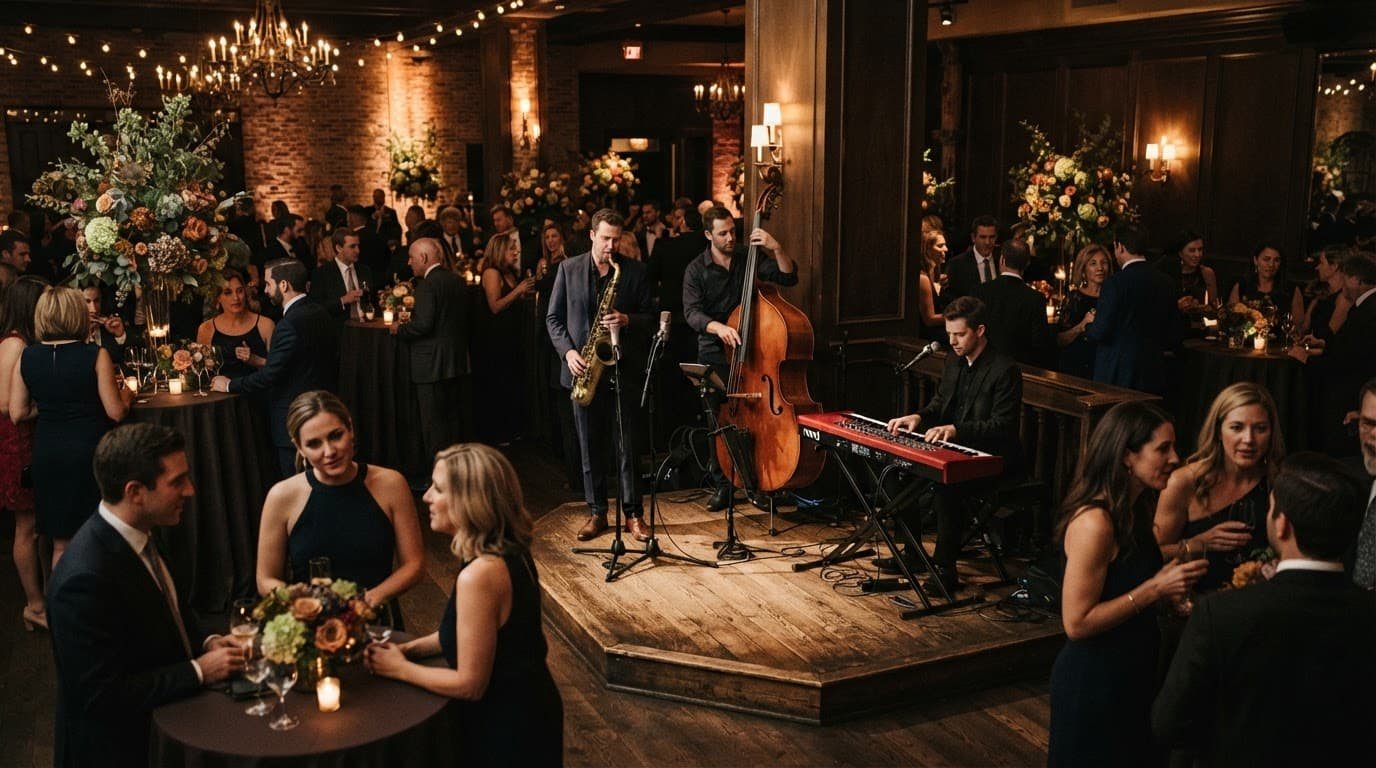 Cocktail Wedding Music That Keeps Guests Talking Three musicians play jazz as wedding guests mingle at candlelit cocktail tables.