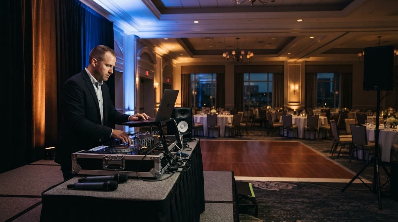 A DJ prepares equipment beside a stage and neatly arranged ballroom tables.
