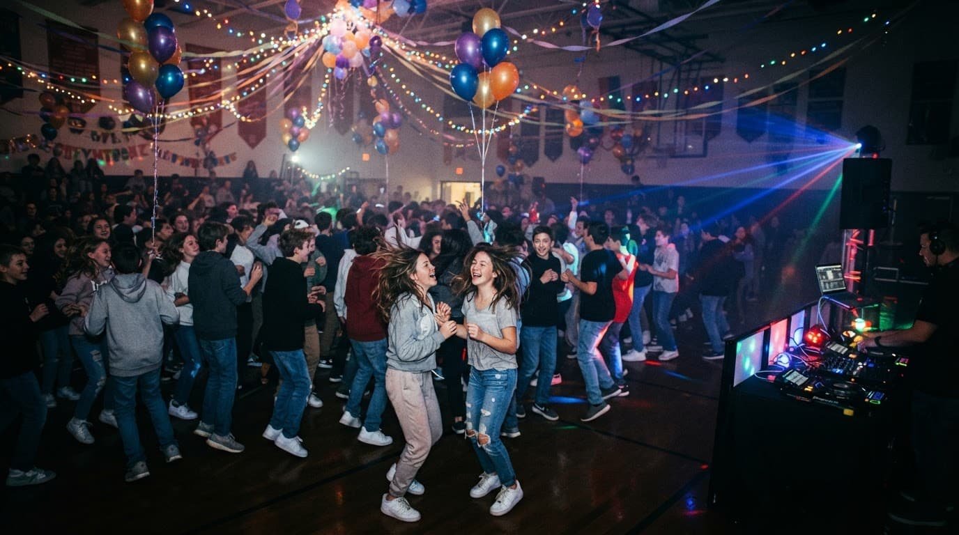 Middle School Dance Playlist Ideas for Every Grade Students dance beneath colorful lights and balloons in a school gym.