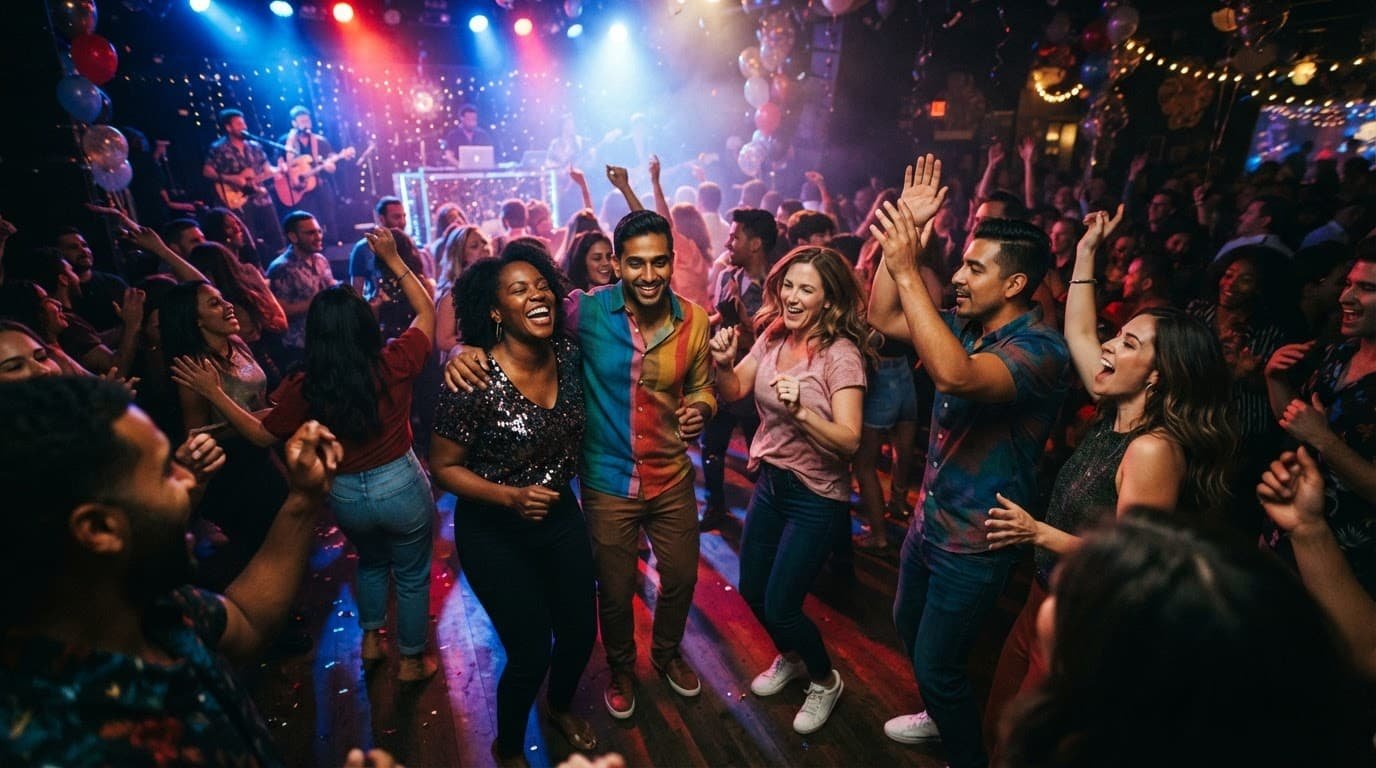 Diverse adults dancing together under colorful lights at a birthday party.
