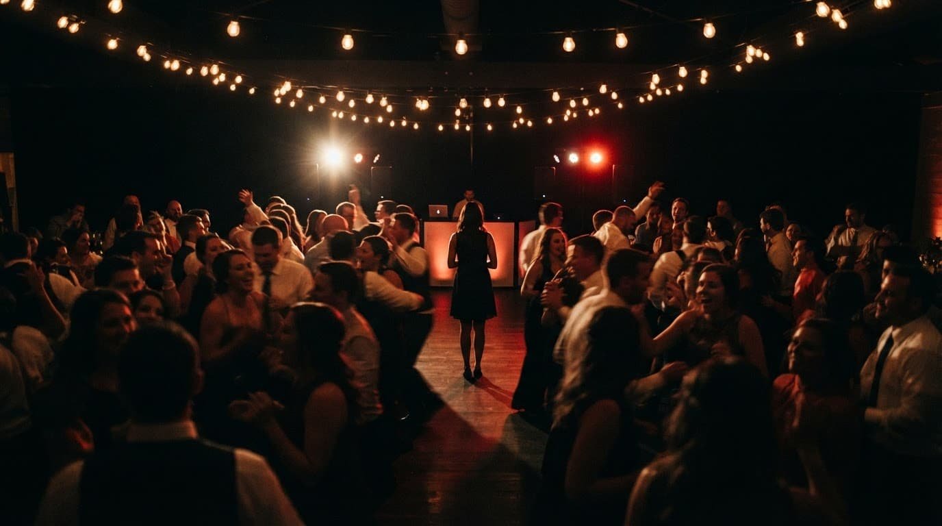 One guest stands beneath warm string lights at a dim reception.