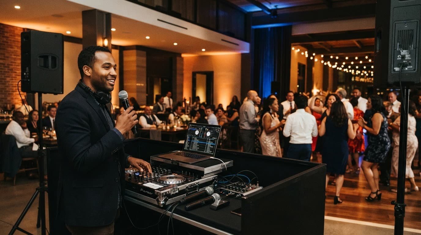 Wedding DJ beside music equipment as guests dance nearby.