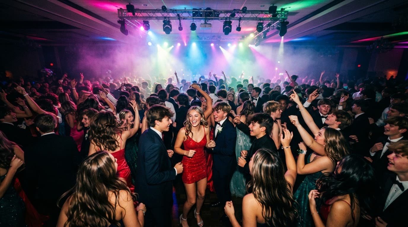Students dancing at prom under colorful neon lights and stage fog.