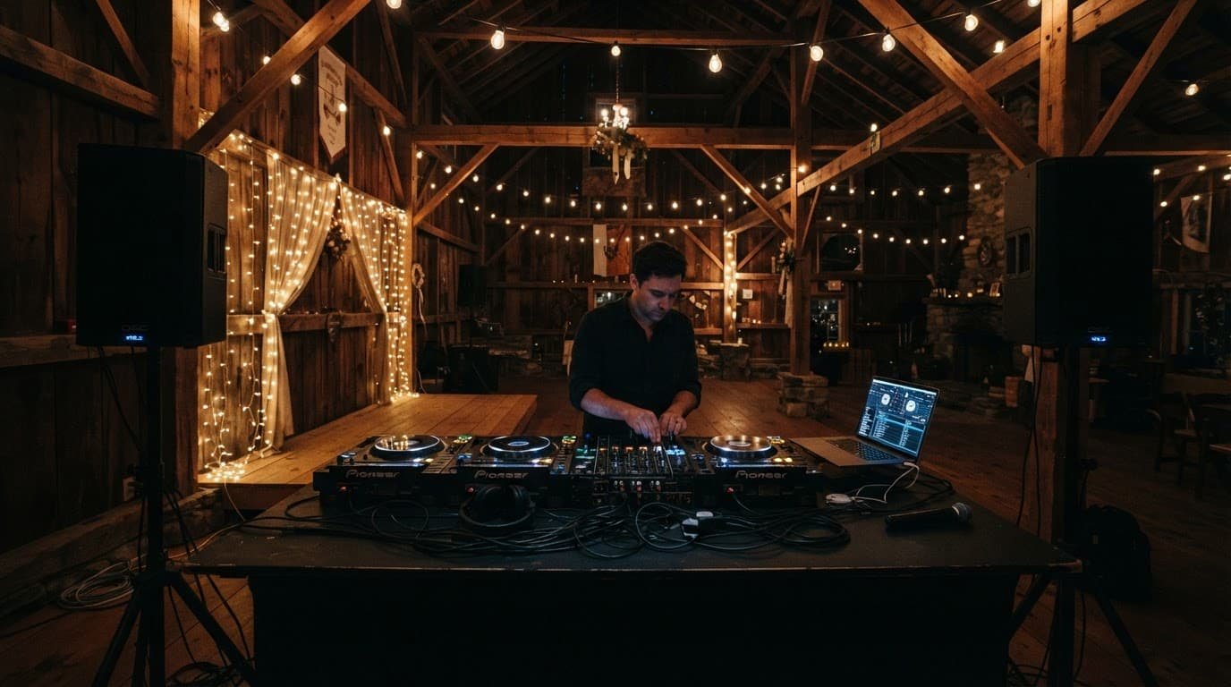 A DJ operates a mixing desk inside a warmly lit rustic barn.