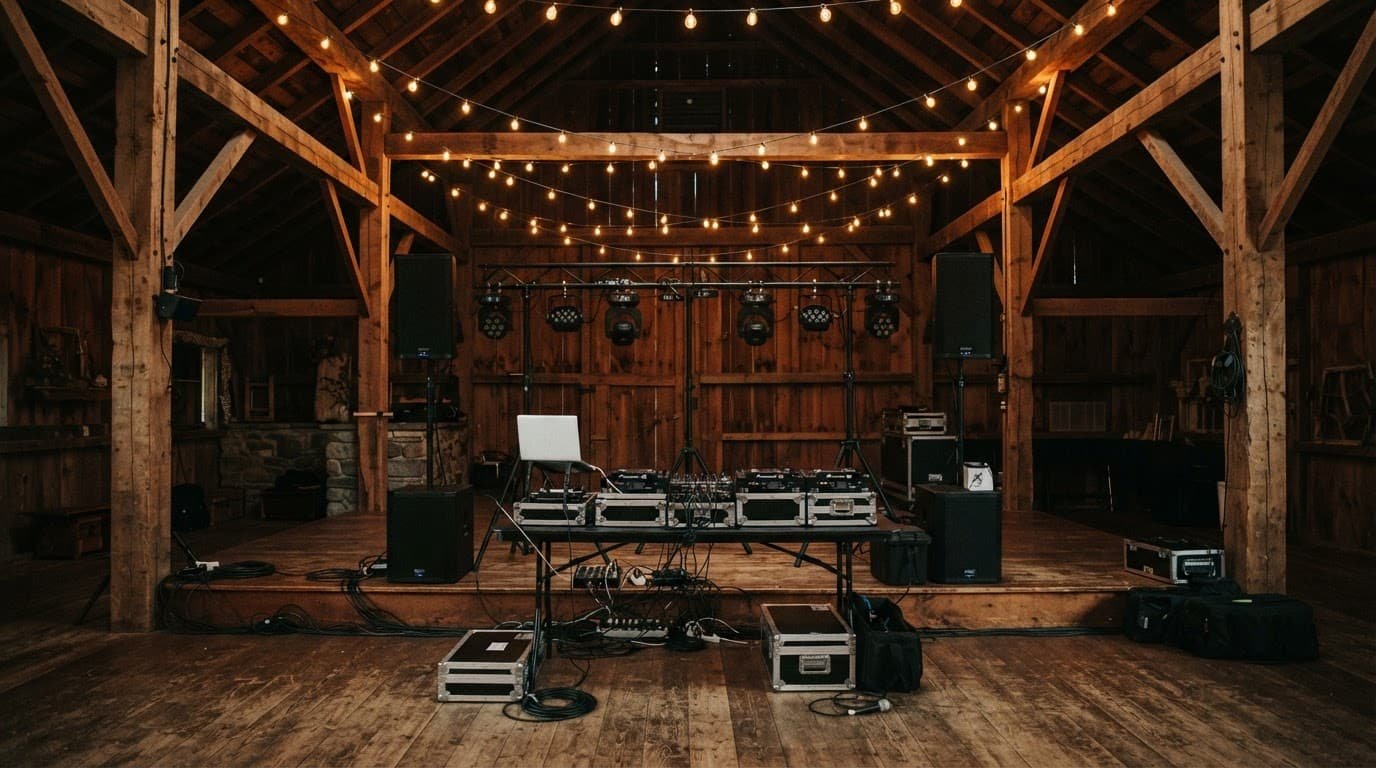 Wedding DJ equipment arranged inside a rustic barn under warm string lights.
