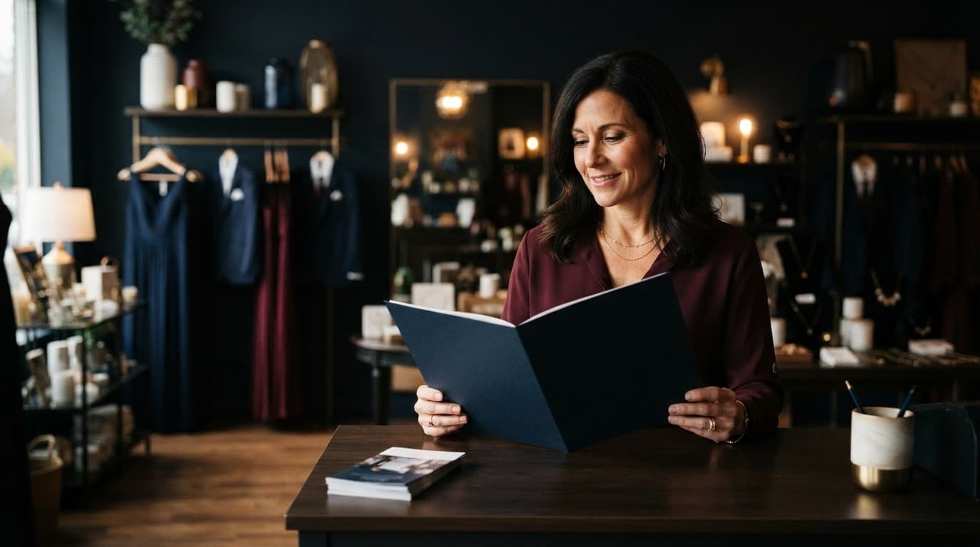 A shop owner reviews an event folder beside formalwear and gifts.