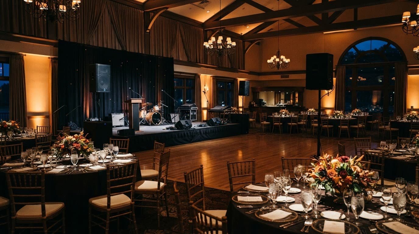 New Hampshire Fundraiser DJ Planning That Moves Donors Elegant gala ballroom with banquet tables, dramatic lighting, and speakers on stands.