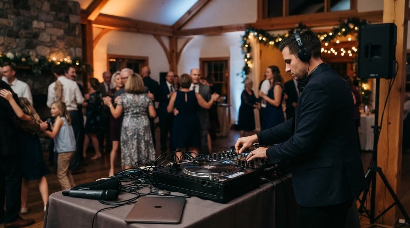 A DJ runs a sound system as guests dance under warm party lights.