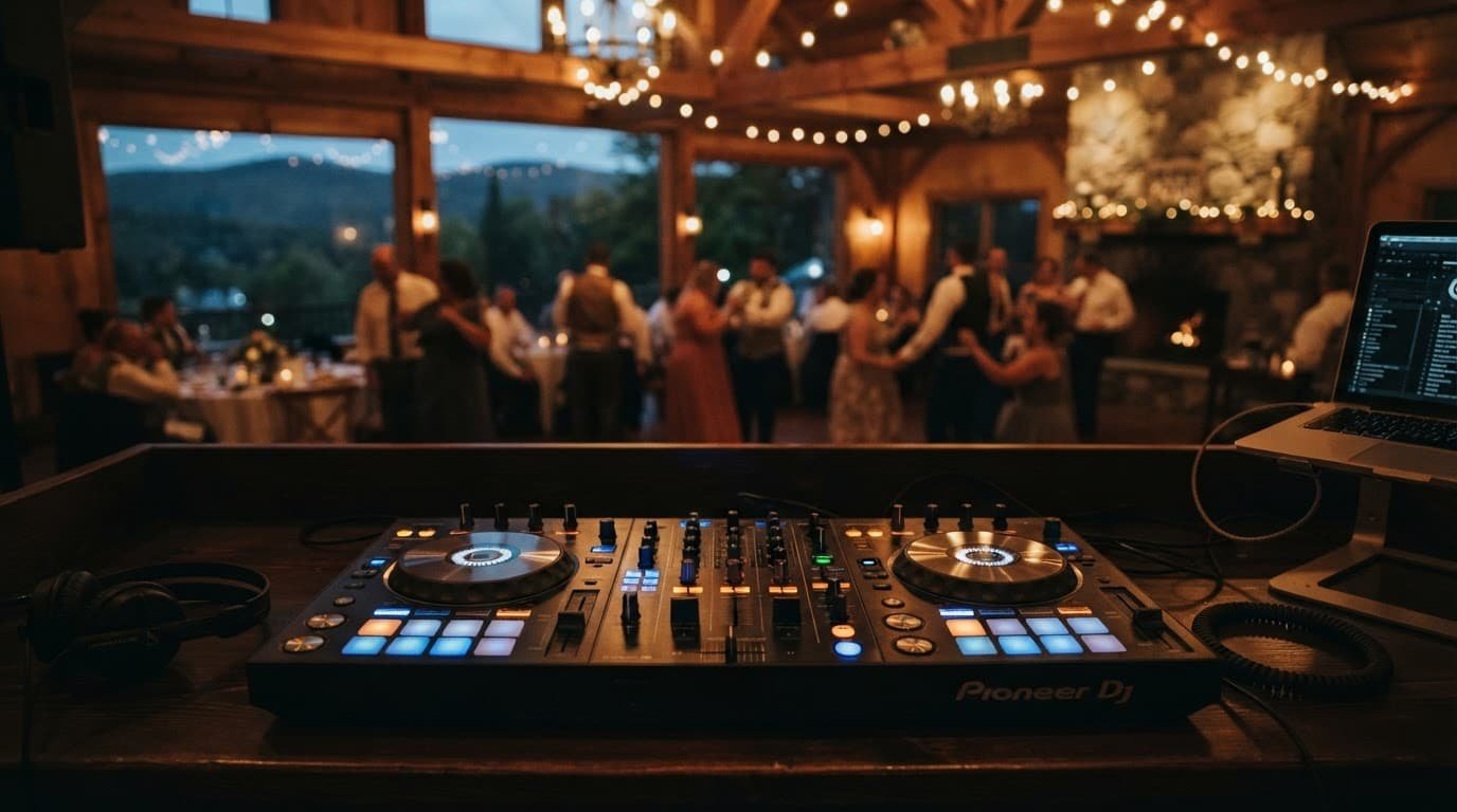 Illuminated DJ console in front of a blurred mountain lodge wedding reception.