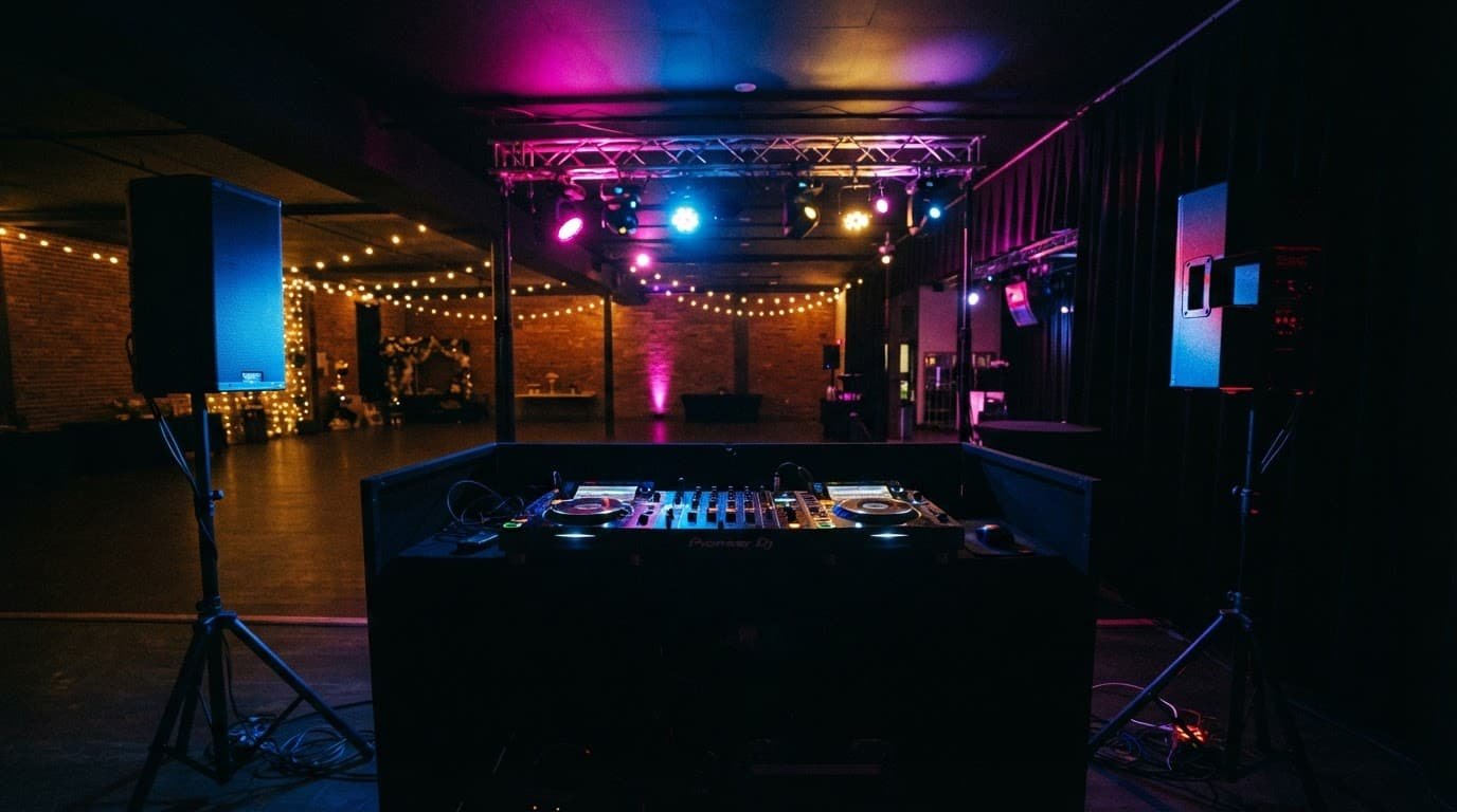 Sweet 16 DJ New Hampshire: Music Planning That Works A DJ console with speakers and colorful lights in a dark event hall.
