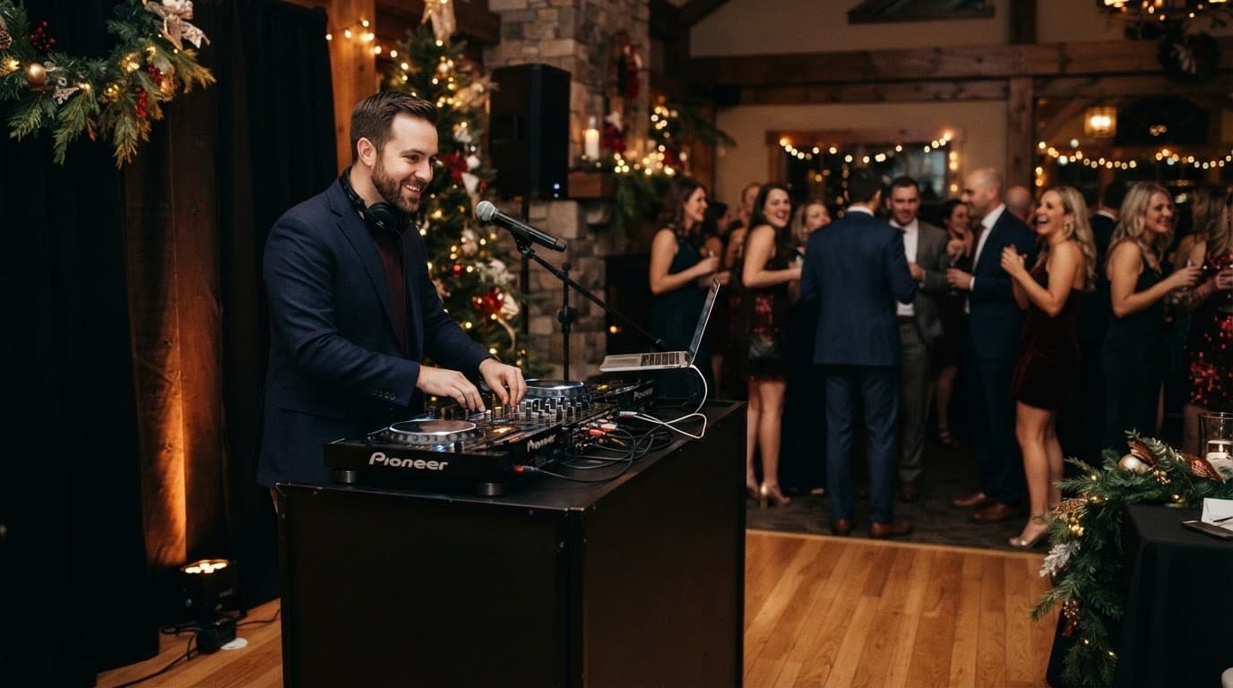 DJ beside sound system at a holiday party with guests in the background.