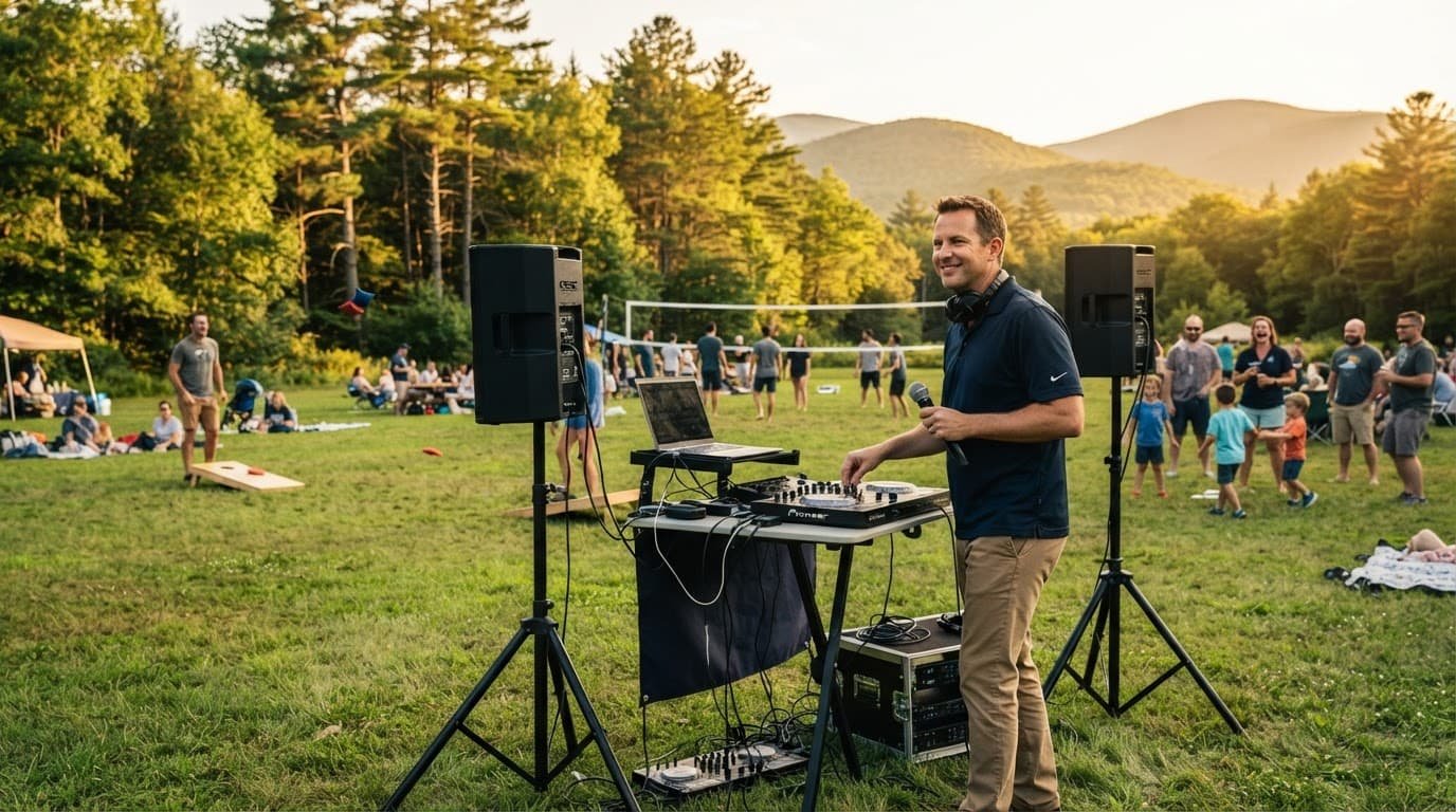 Company Picnic DJ Music for New Hampshire Games A DJ beside speakers at a workplace event with families playing games in a green field.