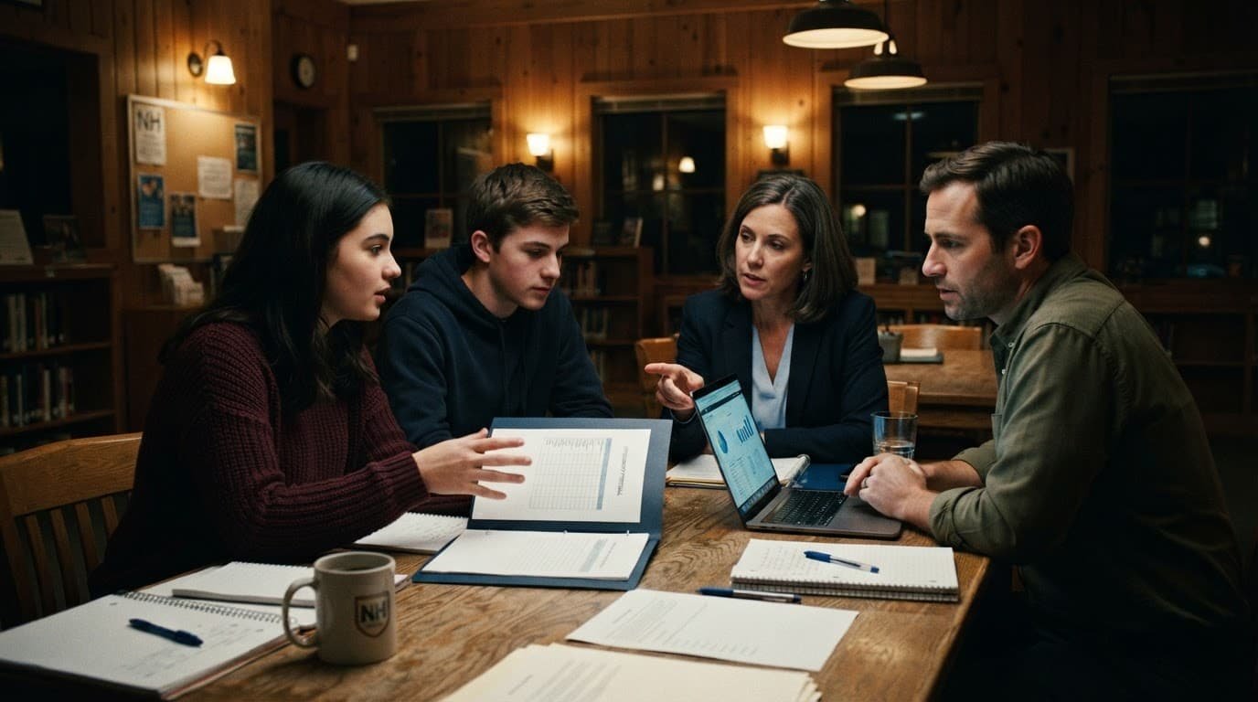 Two students and two adult advisors review a folder and laptop at a table.