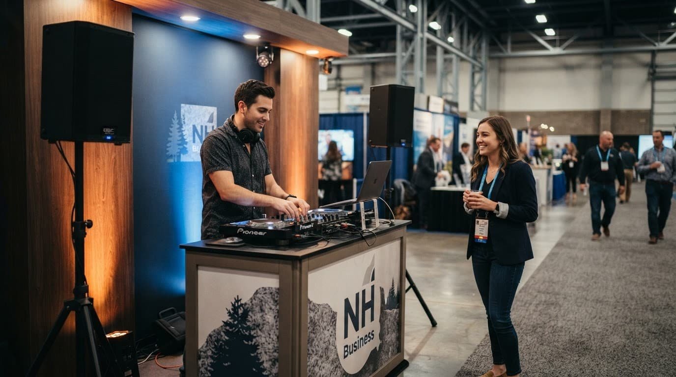 A DJ performs at a lit trade show booth for one smiling attendee.