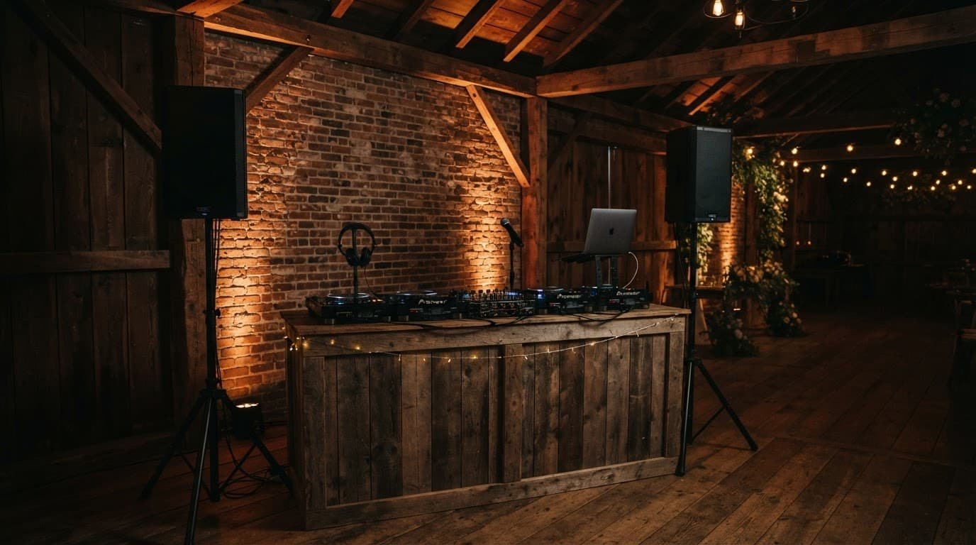 Wedding DJ equipment on a wooden booth in a warmly lit brick barn.
