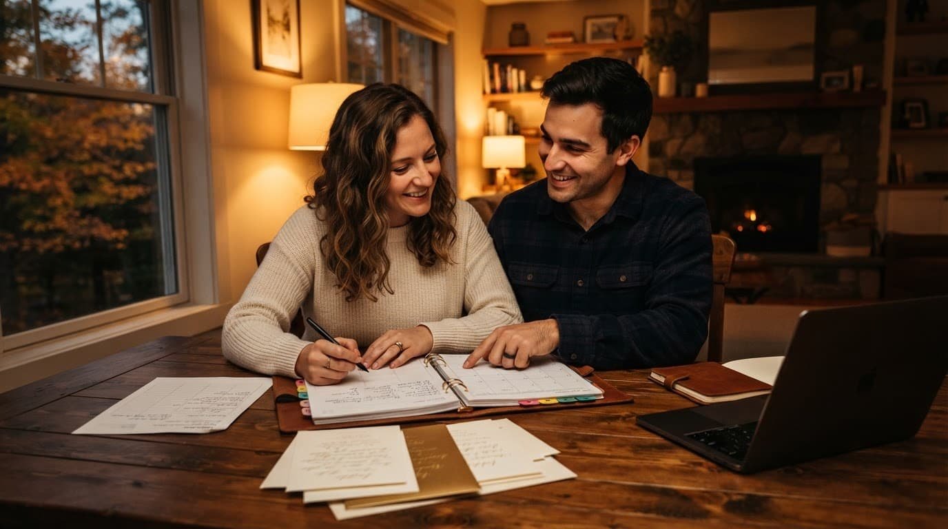 An engaged couple reviews wedding plans with rings and stationery at a dining table.