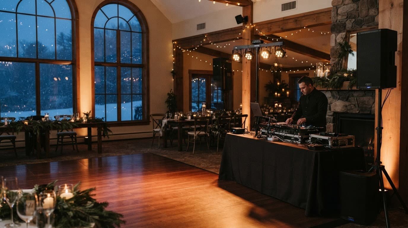 A DJ setup beside a glowing dance floor in a snowy New Hampshire venue.