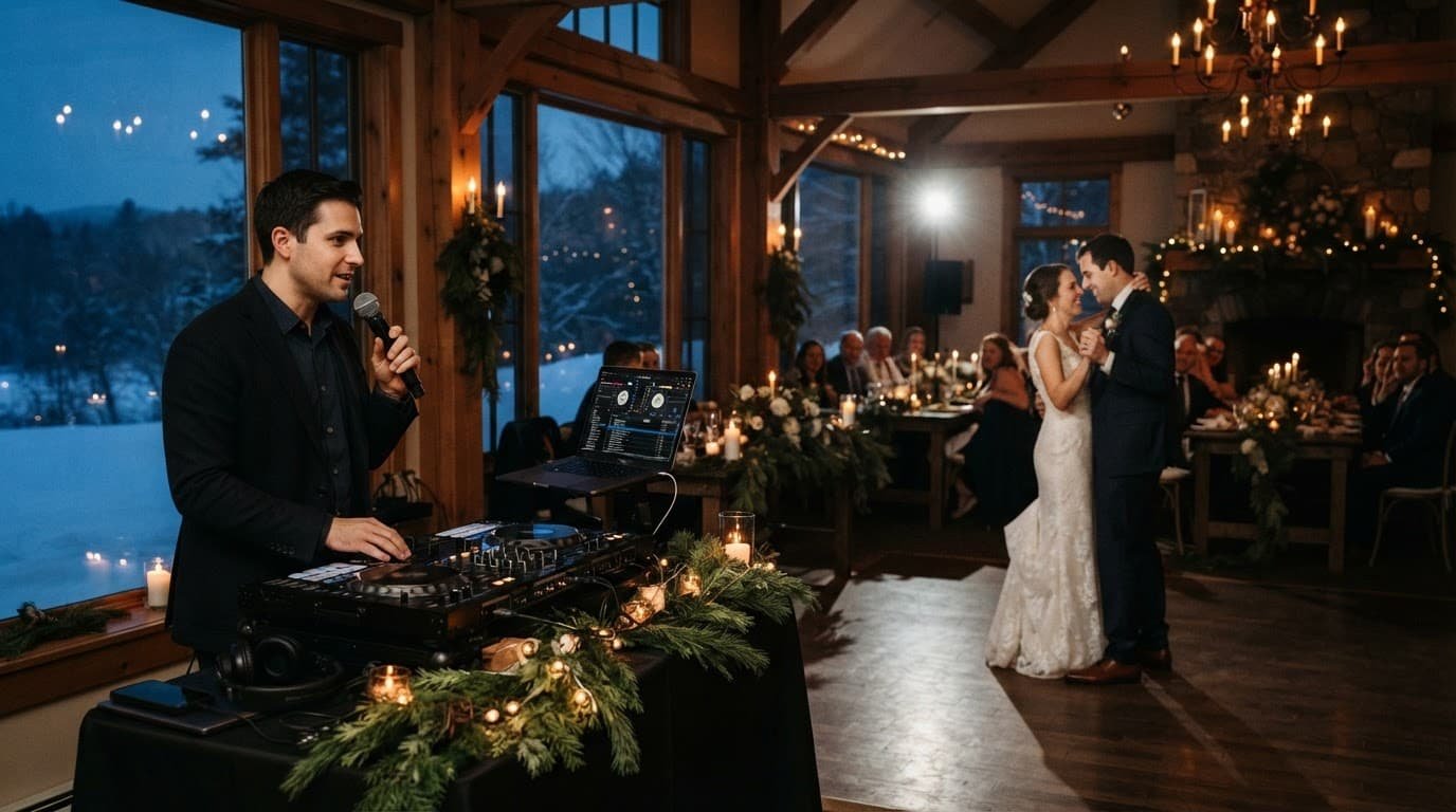A DJ works beside newlyweds during a candlelit reception
