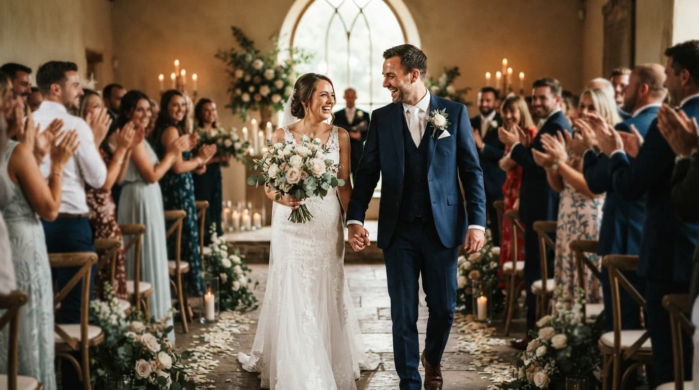 Smiling newlyweds walk down the aisle as guests applaud.